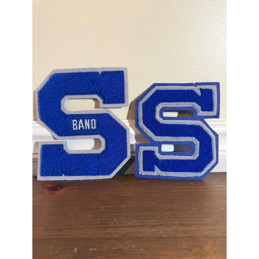 Vintage Chenille Varsity Letter S Band Patches Royal Blue Grey Lot of 2 6 Inch